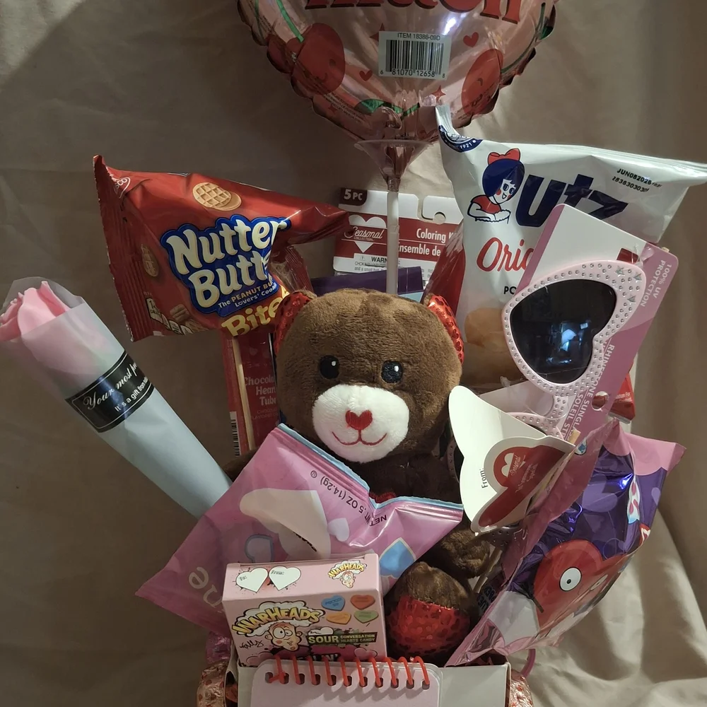 Valentine's Day Gift Basket with Teddy Bear and Snacks